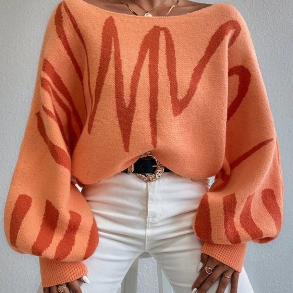 graphic pattern lantern sleeve sweater orange - Picture 4 of 7